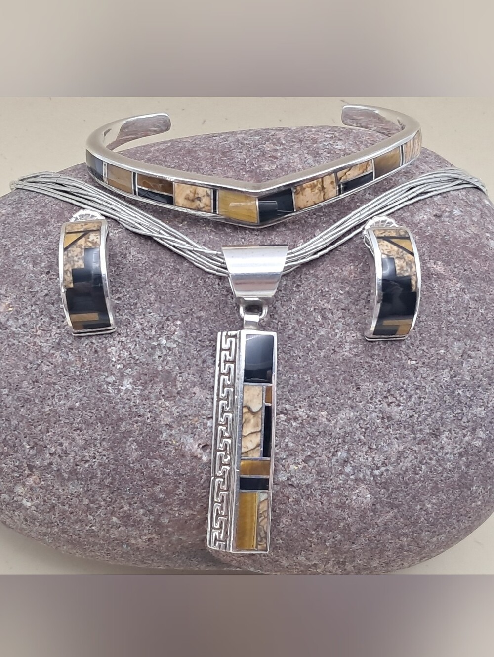Vintage Navajo Sterling Silver & Onyx Tigereye Jasper Necklace Bracelet Earrings
